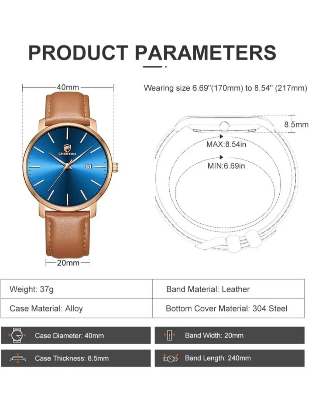 Men's Brown/Rose Gold/Blue Leather Strap Minimalist Waterproof Quartz Wristwatch
